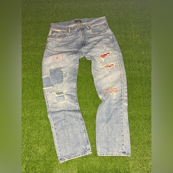 Polo Ralph Lauren Sullivan Slim Patchwork Bandana Distressed Denim Jeans - Picture 1 of 4
